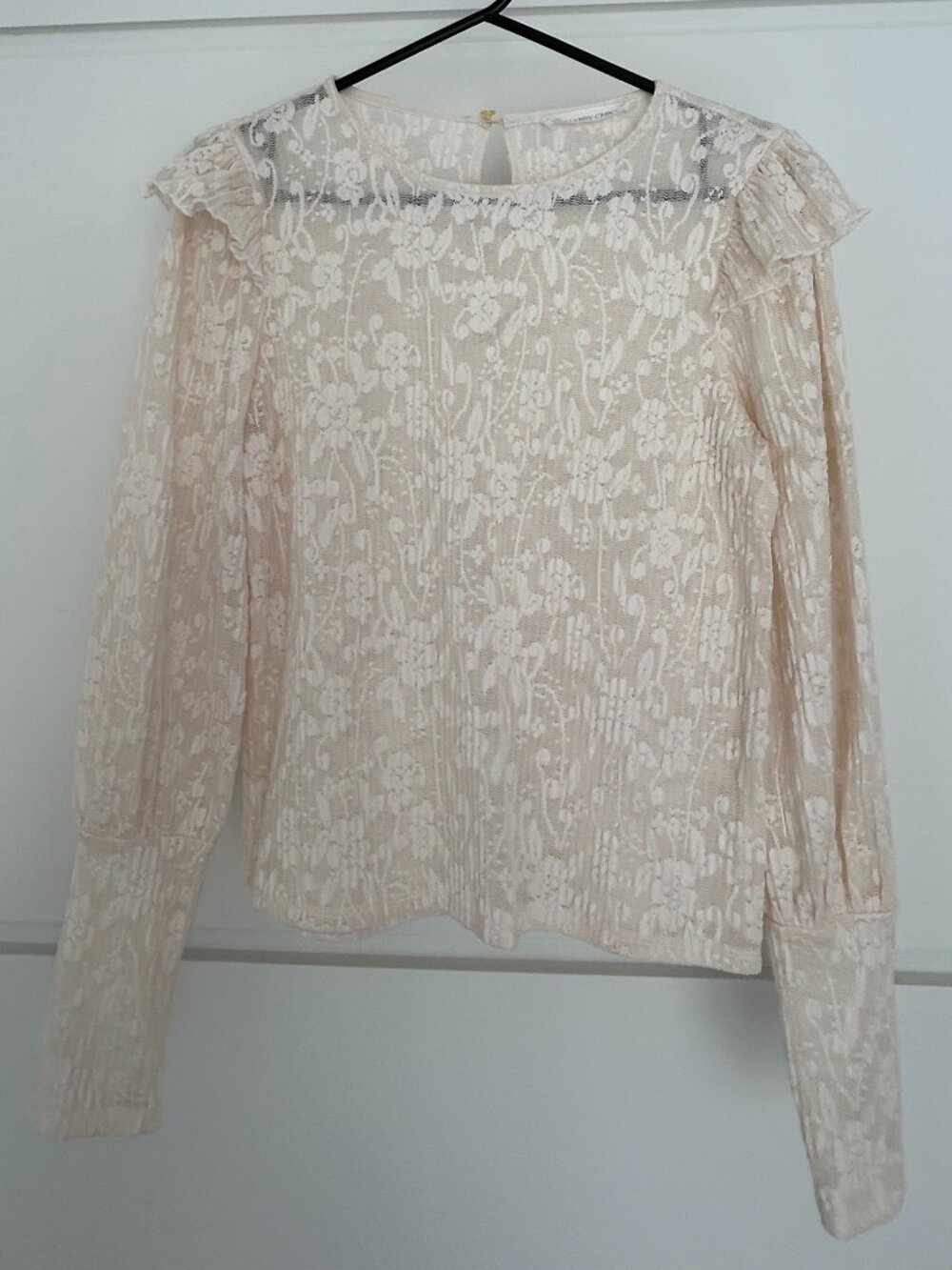 Womens Lace Blouse Cream Floral Long Sleeve Ruffle Top Romantic Cottagecore